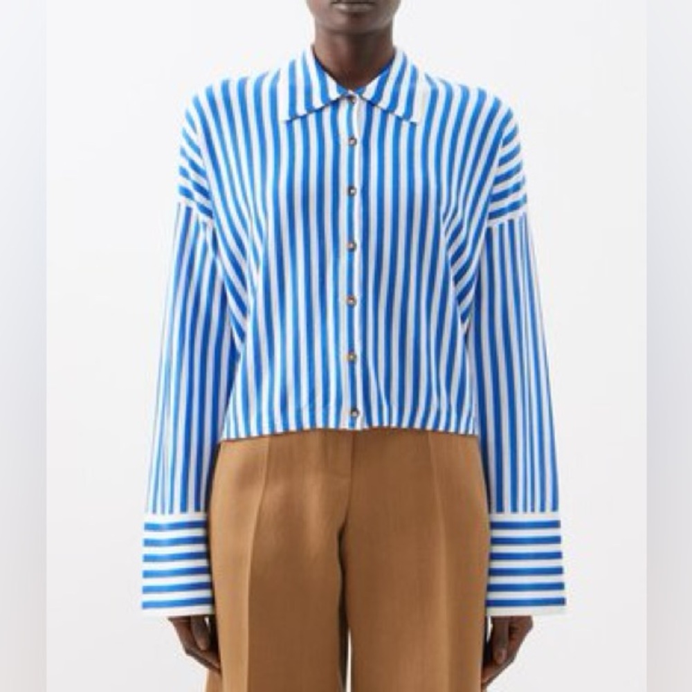 NWT La Ligne Cropped Striped Wool Button Down Shirt in Cream Blue, Size XL